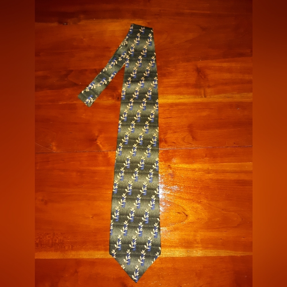 G.J. CAHN GREEN TIE WITH BLUE AND GOLD PRINT